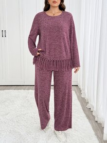 SHEIN LUNE 大尺碼女款 2 件套 柔軟舒適彈性羅紋圓領長袖流蘇下擺彈性腰帶口袋長褲休閒日常居家外穿套裝 - 中紫紅色 - 查看 5