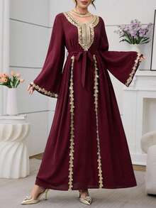 Mulvari Women's Knotted Waist Embroidered Collar Pleated Casual Party Travel Arabic Style Dress - Burgundy - View 8