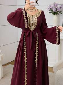 Mulvari Women's Knotted Waist Embroidered Collar Pleated Casual Party Travel Arabic Style Dress - Burgundy - View 3
