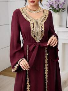Mulvari Women's Knotted Waist Embroidered Collar Pleated Casual Party Travel Arabic Style Dress - Burgundy - View 6