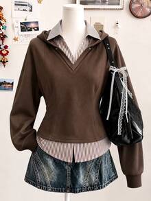 Collagica Collagica Women's Striped 2 In 1 Patchwork Casual Versatile Long Sleeve Top - Multicolor - View 3