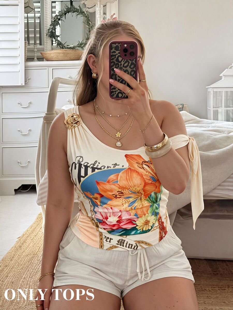 SHEIN MOD 加大码印花金属扣蝴蝶结露肩上衣,米白色涤纶氨纶混纺,单肩印花,橙色蓝色植物图案,不对称领口,修身浪漫风格,春夏户外休闲日常穿着,弹力轻盈面料,外出上衣,露肩衬衫,单肩上衣,单肩女式上衣,夏季围巾上衣 - 彩色 - 查看 1