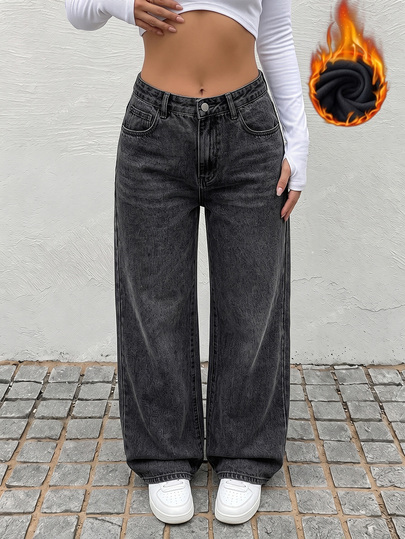 Rivivi Y2K Streetwear Women's Straight Leg Loose Casual Versatile Denim Jeans With Pockets Everyday Going Out Dark Wash Summer