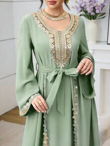 Mulvari 鼠尾草綠長袖刺繡領褶皺派對外出洗禮賓客教母婚禮雞尾酒禮服 秋季端莊菲律賓風優雅 - 綠色 - 查看 5