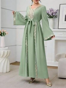 Mulvari 鼠尾草綠長袖刺繡領褶皺派對外出洗禮賓客教母婚禮雞尾酒禮服 秋季端莊菲律賓風優雅 - 綠色 - 查看 6