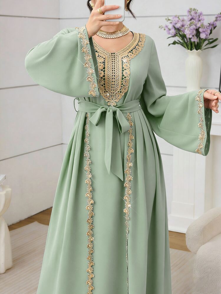 Mulvari Sage Green Long Sleeve Embroidered Collar Pleated Party Christening Guest Ninang Wedding Cocktail Dress Fall Modest Elegant - Green - View 3