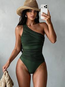 Swim Basics 女士纯色不对称无袖修身休闲连体泳衣 - 軍綠色 - 查看 6