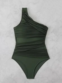 Swim Basics 女士纯色不对称无袖修身休闲连体泳衣 - 軍綠色 - 查看 3