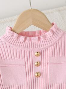 Váy len họa tiết răng sói hồng cho bé gái, phong cách preppy, tay dài, cổ tròn, trang trí kim loại, túi giả, cổ bèo - Hồng - Xem 7