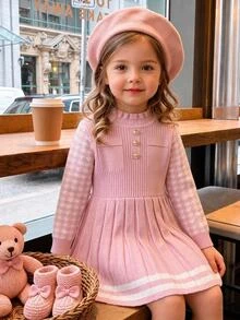 Váy len họa tiết răng sói hồng cho bé gái, phong cách preppy, tay dài, cổ tròn, trang trí kim loại, túi giả, cổ bèo - Hồng - Xem 4