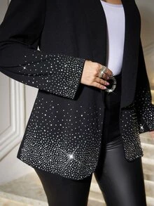 Reflora Plus Size Autumn/Winter Party Wedding Cocktail Formal Evening Rhinestone Embellished Blazer Fall Black Elegant Casual Gothic Christmas Women's - Black - View 4