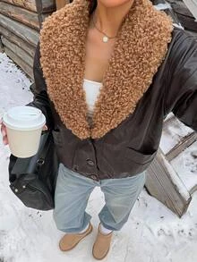 Muchica Women's Winter New Brown Shawl Collar Patchwork Plush PU Leather Regular Jacket - Brown - View 1