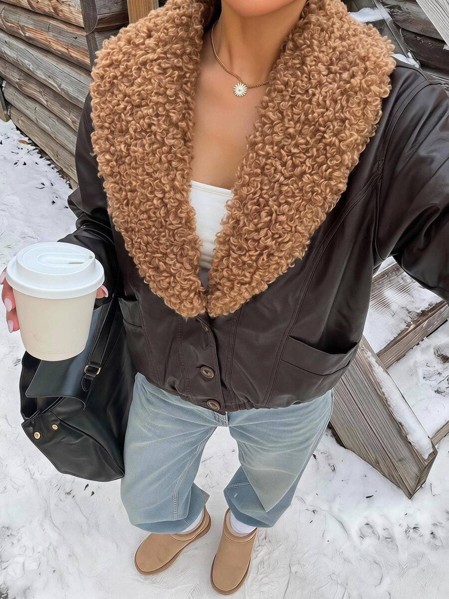 Muchica Women's Winter New Brown Shawl Collar Patchwork Plush PU Leather Regular Jacket - Brown - View 1