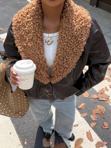 Muchica Women's Winter New Brown Shawl Collar Patchwork Plush PU Leather Regular Jacket - Brown - View 5