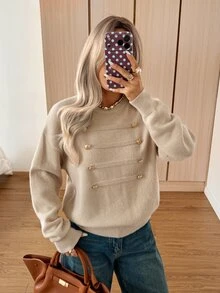 SHEIN EZwear 女款素色休閒商務休閒優雅百搭日常長袖針織衫 辦公室早午餐 米色 秋季 - 杏色 - 查看 6