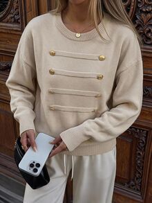 SHEIN EZwear 女款素色休閒商務休閒優雅百搭日常長袖針織衫 辦公室早午餐 米色 秋季 - 杏色 - 查看 9