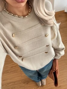 SHEIN EZwear 女款素色休閒商務休閒優雅百搭日常長袖針織衫 辦公室早午餐 米色 秋季 - 杏色 - 查看 3