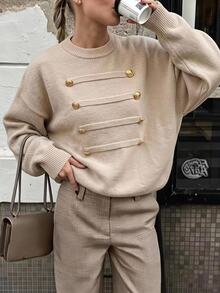 SHEIN EZwear 女款素色休閒商務休閒優雅百搭日常長袖針織衫 辦公室早午餐 米色 秋季 - 杏色 - 查看 10