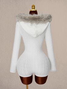 Amplova Women's Home Knight Pattern Patchwork Fuzzy Hooded Mini Knit Romper - White - View 13