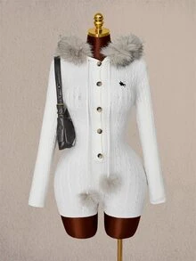 Amplova Women's Home Knight Pattern Patchwork Fuzzy Hooded Mini Knit Romper - White - View 15