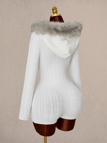 Amplova Women's Home Knight Pattern Patchwork Fuzzy Hooded Mini Knit Romper - White - View 5