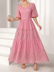 Yasmyna French Square Collar Puff Sleeve Solid Color Textured Embroidered Patchwork Hollow Waist Slimming Elegant Romantic Holiday Dress - Dusty Pink - View 9