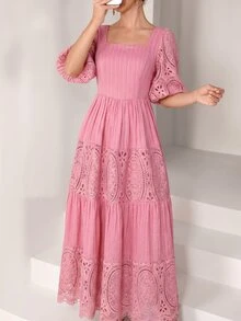 Yasmyna French Square Collar Puff Sleeve Solid Color Textured Embroidered Patchwork Hollow Waist Slimming Elegant Romantic Holiday Dress - Dusty Pink - View 7