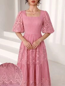 Yasmyna French Square Collar Puff Sleeve Solid Color Textured Embroidered Patchwork Hollow Waist Slimming Elegant Romantic Holiday Dress - Dusty Pink - View 3