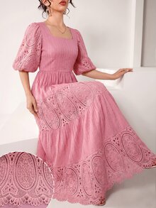 Yasmyna French Square Collar Puff Sleeve Solid Color Textured Embroidered Patchwork Hollow Waist Slimming Elegant Romantic Holiday Dress - Dusty Pink - View 5