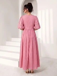 Yasmyna French Square Collar Puff Sleeve Solid Color Textured Embroidered Patchwork Hollow Waist Slimming Elegant Romantic Holiday Dress - Dusty Pink - View 8