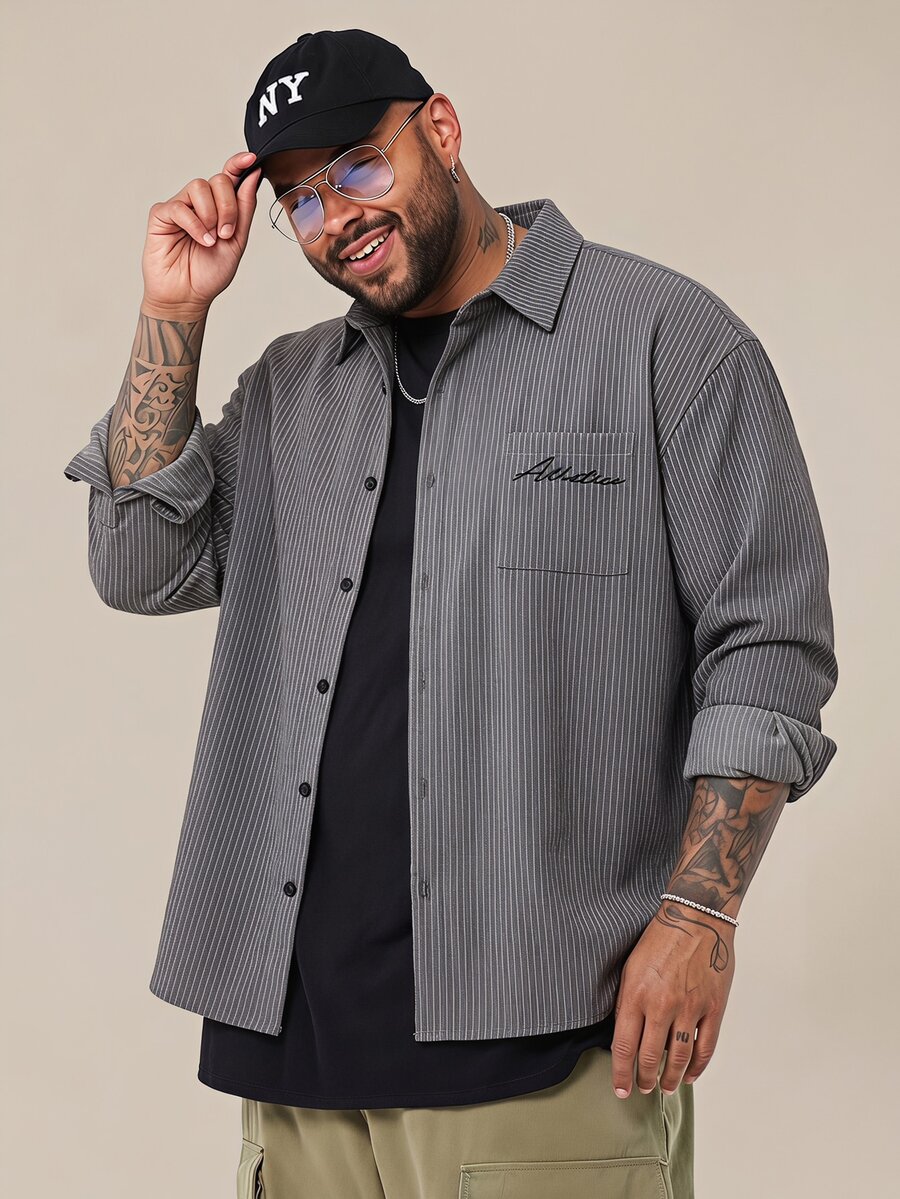 EASEVO Camisa de hombre talla grande a rayas con bordado y abotonadura sencilla - Multicolor - Ver 1