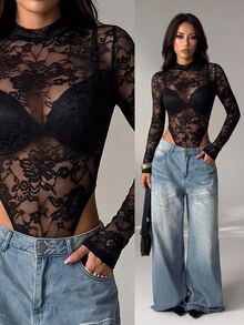 SHEIN PETITE Women's Lace Sexy Versatile Date & Outing Bodysuit - Black - View 13