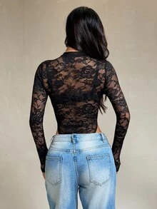 SHEIN PETITE Women's Lace Sexy Versatile Date & Outing Bodysuit - Black - View 2