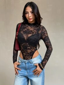 SHEIN PETITE Women's Lace Sexy Versatile Date & Outing Bodysuit - Black - View 5