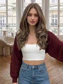 Cévolie Batwing Sleeve Hollow Out Ice Silk Knit Thin Cardigan - Burgundy - View 5
