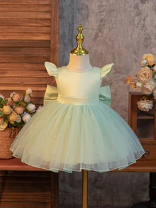 SHEIN Glamorique Kids 女嬰淺綠色夏季可愛婚禮花童生日公主禮服，緞面荷葉袖、珍珠網紗下擺、V領露背大蝴蝶結正式派對長裙 - 綠色 - 查看 5