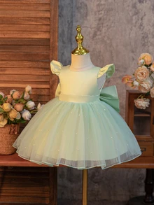 SHEIN Glamorique Kids 女嬰淺綠色夏季可愛婚禮花童生日公主禮服，緞面荷葉袖、珍珠網紗下擺、V領露背大蝴蝶結正式派對長裙 - 綠色 - 查看 3