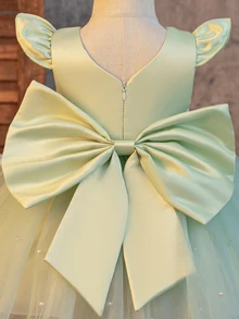 SHEIN Glamorique Kids 女嬰淺綠色夏季可愛婚禮花童生日公主禮服，緞面荷葉袖、珍珠網紗下擺、V領露背大蝴蝶結正式派對長裙 - 綠色 - 查看 7