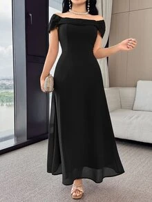 Feyla Women's Elegant Modest Solid Color Off Shoulder Cinched Waist Dress, Summer Black Short Sleeve Dresses Dinner Formal Date Party - Black - View 6