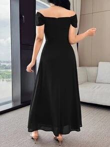 Feyla Women's Elegant Modest Solid Color Off Shoulder Cinched Waist Dress, Summer Black Short Sleeve Dresses Dinner Formal Date Party - Black - View 4