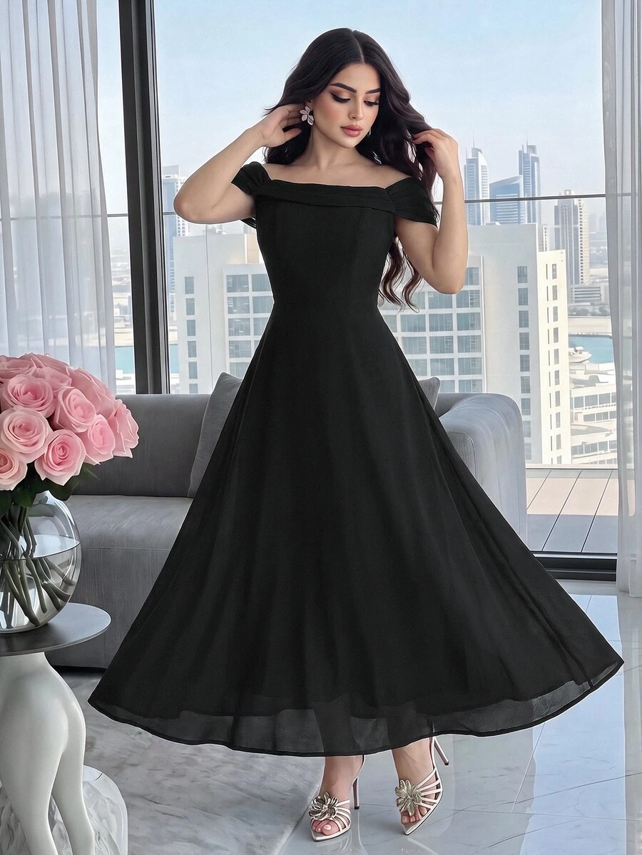 Feyla Women's Elegant Modest Solid Color Off Shoulder Cinched Waist Dress, Summer Black Short Sleeve Dresses Dinner Formal Date Party