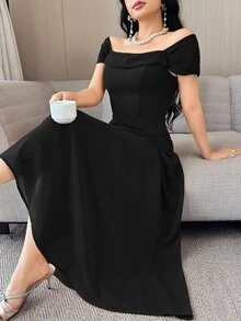 Feyla Women's Elegant Modest Solid Color Off Shoulder Cinched Waist Dress, Summer Black Short Sleeve Dresses Dinner Formal Date Party - Black - View 3