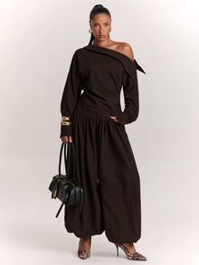 SHEIN BAE Women's Solid Color Pleated Casual Versatile Daily Travel Long Pants - Brown - View 4