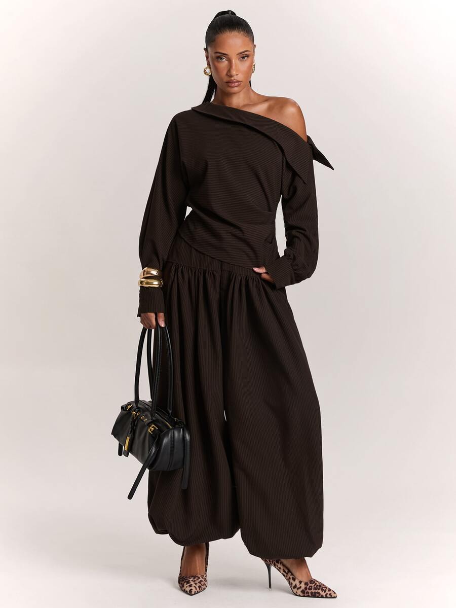 SHEIN BAE Women's Solid Color Pleated Casual Versatile Daily Travel Long Pants - Brown - View 1