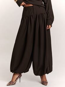 SHEIN BAE Women's Solid Color Pleated Casual Versatile Daily Travel Long Pants - Brown - View 5
