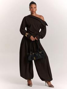 SHEIN BAE Women's Solid Color Pleated Casual Versatile Daily Travel Long Pants - Brown - View 3