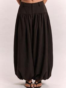 SHEIN BAE Women's Solid Color Pleated Casual Versatile Daily Travel Long Pants - Brown - View 1