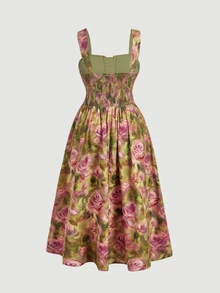 SHEIN MOD Plus Size Women's Floral Print Cup Strap Flared Dress - Multicolor - View 3
