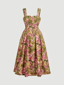 SHEIN MOD Plus Size Women's Floral Print Cup Strap Flared Dress - Multicolor - View 2
