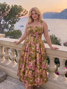SHEIN MOD Plus Size Women's Floral Print Cup Strap Flared Dress - Multicolor - View 7